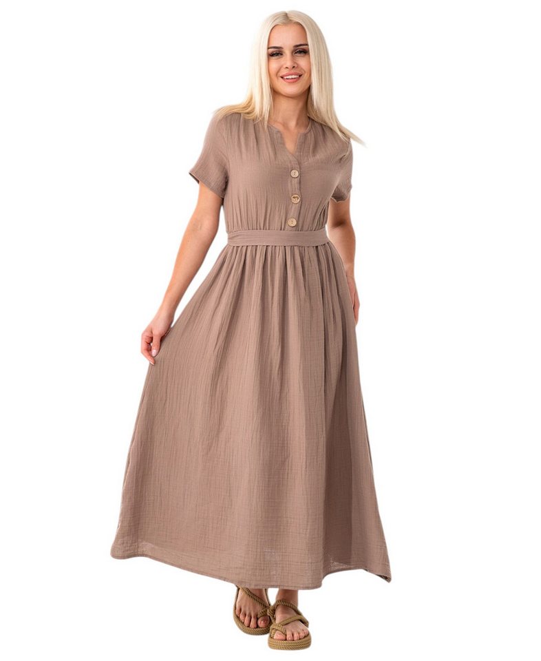 WENOR Sommerkleid Musselin Boho Kleid mit Knopfleiste & Taillenband, Freizeitkleid (1-tlg) Vorn mit Holzknöpfen, Bindegürtel an der Taille von WENOR