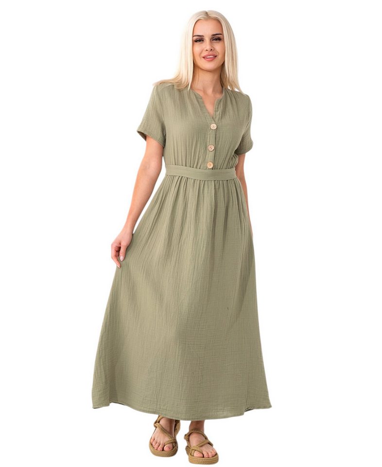 WENOR Sommerkleid Musselin Boho Kleid mit Knopfleiste & Taillenband, Freizeitkleid (1-tlg) Vorn mit Holzknöpfen, Bindegürtel an der Taille von WENOR