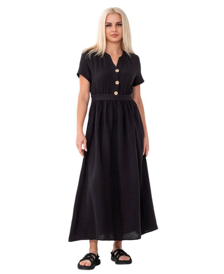 WENOR Sommerkleid Musselin Boho Kleid mit Knopfleiste & Taillenband, Freizeitkleid (1-tlg) Vorn mit Holzknöpfen, Bindegürtel an der Taille von WENOR