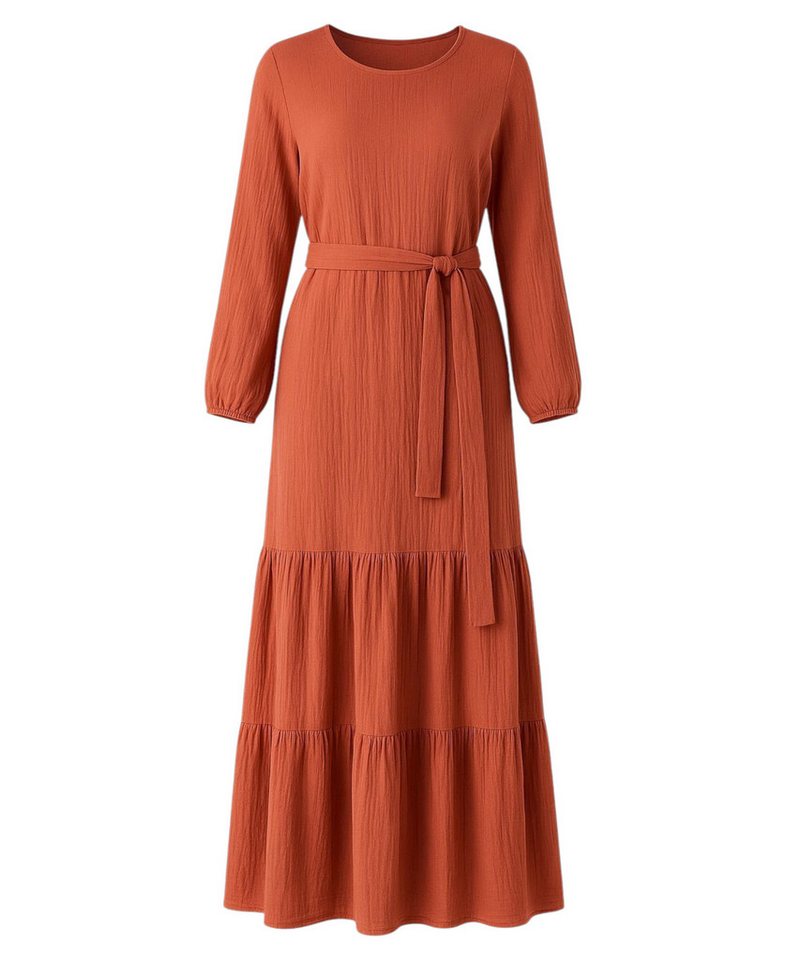 WENOR Sommerkleid Musselin-Kleid, 100 % Baumwolle, Volantsaum, Gürtel, Gr. 36–50 mit Volantsaum und Bindegürtel von WENOR