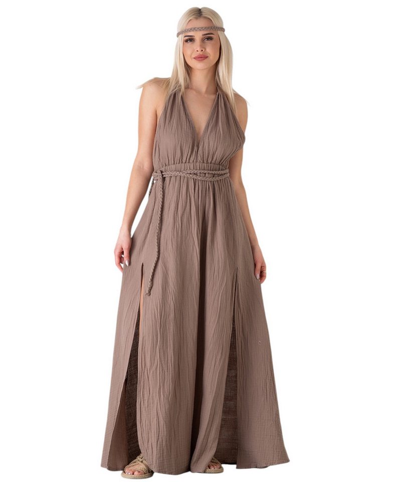WENOR Sommerkleid mit V-Ausschnitt Bindegürtel & Rückenträger 100% Baumwolle Musselin (1-tlg) rückenfrei mit geflochtenen Trägern, luftiger Boho-Look von WENOR
