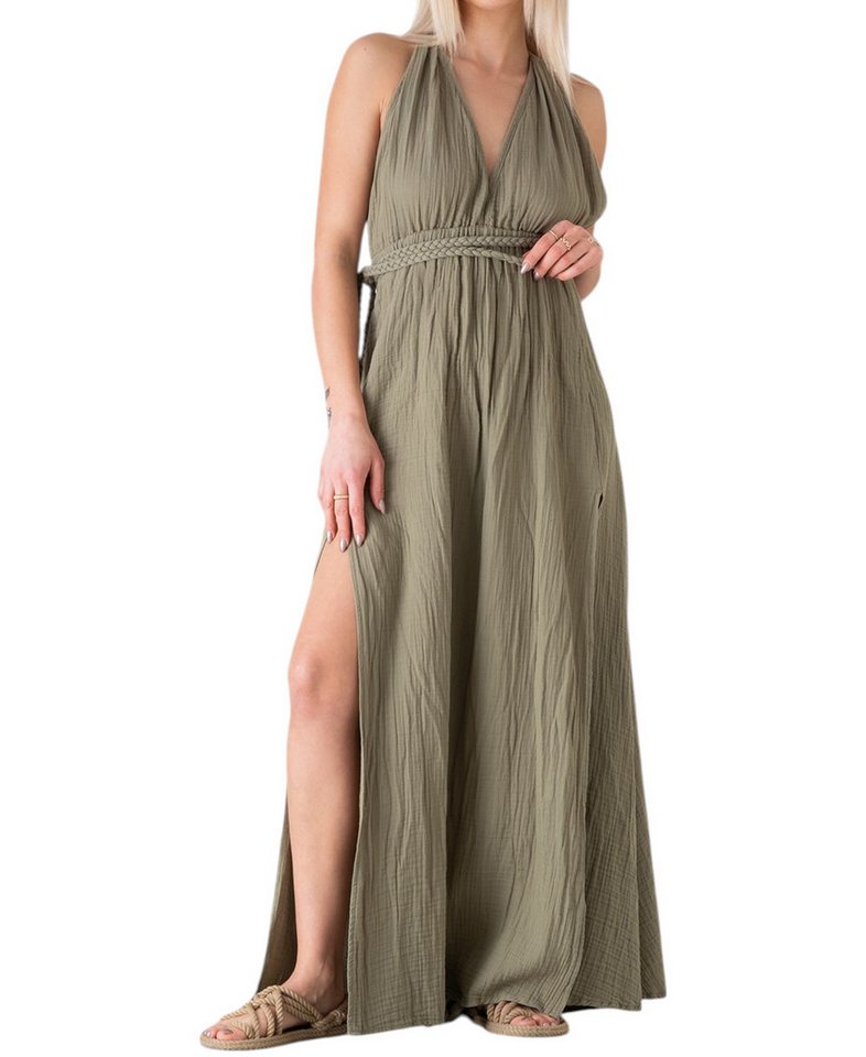 WENOR Sommerkleid mit V-Ausschnitt Bindegürtel & Rückenträger 100% Baumwolle Musselin (1-tlg) rückenfrei mit geflochtenen Trägern, luftiger Boho-Look von WENOR