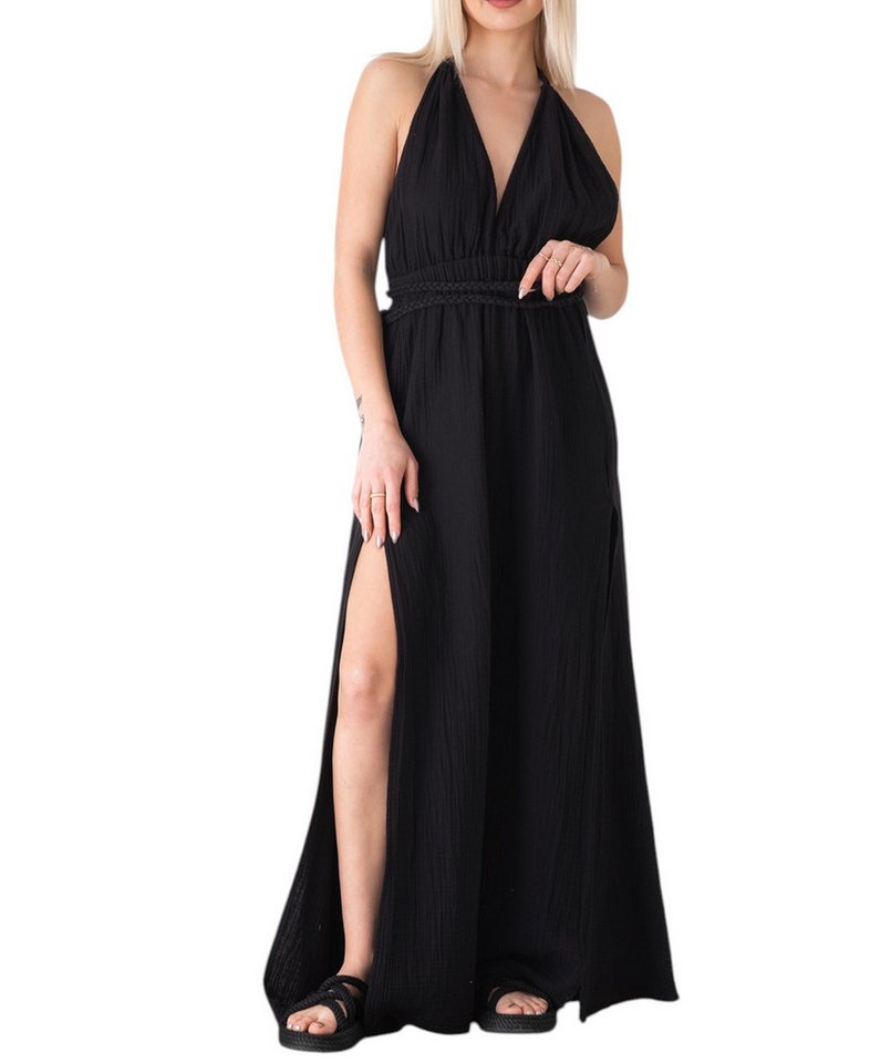 WENOR Sommerkleid mit V-Ausschnitt Bindegürtel & Rückenträger 100% Baumwolle Musselin (1-tlg) rückenfrei mit geflochtenen Trägern, luftiger Boho-Look von WENOR