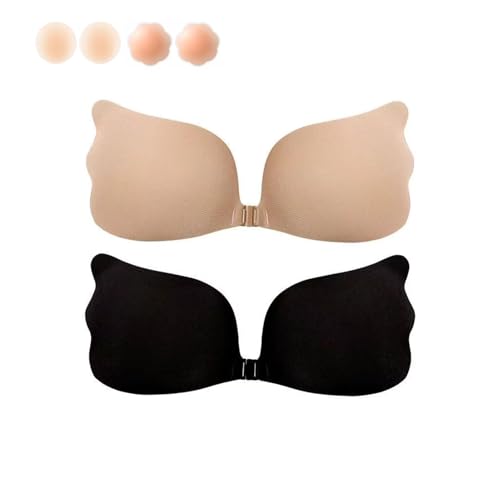 WENRENMK 2 Klebe BH Push Up & 4 Nipple Pads, Trägerloser BH - Unsichtbarer BH Sticky Bra, Wiederverwendbar für Rückenfreie Kleider, Brautkleider, Bademode (B-Cup) von WENRENMK