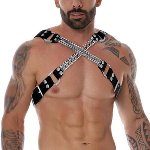 WENTPOL Leder harness männer gay Truhe Kette Herren Einstellbare Leder Körper Brust Harness Geschirr Herren Body Körper Brustgeschirr Gay Körperketten BH SM Sklave Clubwear Fetisch Bandage Kostüme von WENTPOL