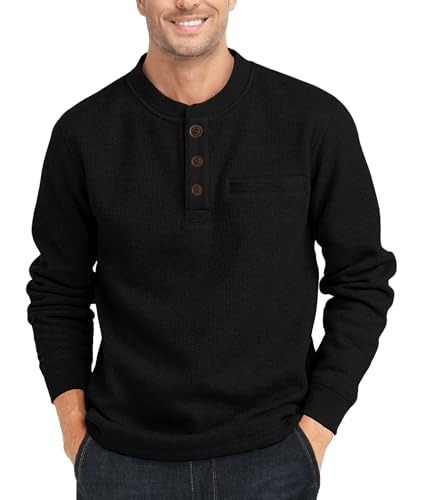 WENTTUO Henley Langarm-Shirt für Herren, Waffelmuster, Thermomode, lässig, 3 Knöpfe, Pullover mit Tasche, Schwarz, XL von WENTTUO