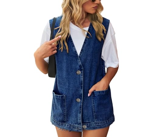 Jeansweste Damen Ärmellos,Damen Jeansweste Vorne Offen Mäntel Blue Jeans Oberbekleidung Casual Oversized V Ausschnitt Button Down Weste Jacke Ärmellose Jeansweste mit Taschen Neu Dunkelblau Xl von WENWENLEE
