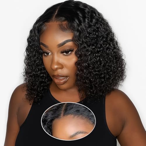 Echthaar Perücke Damen Echthaar Deep Curly Bob Human Hair Wig Glueless Wear and Go 5x5 Lace Wig No Glue Pre Plucked Pre Cut HD Transparent Lace Closure Wig 150% Density Natural Color 12 Zoll (30cm) von WENYAN