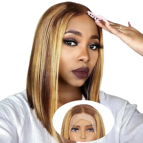 Highlight Ombre Bob Wig Human Hair 13x4 Bob Lace Frontal Wigs for Women 150% Density Straight Bob Wig Brazilian Human Hair Short Bob Lace Front Wigs P4/27 Color (16 inch) von WENYAN