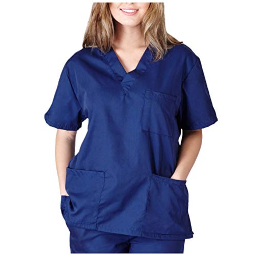 WENZHOU-DE2101261132 Kasack Damen Pflege große größen mit Einfarbig T-Shirt Schlupfkasack Taschen Kurzarm V-Ausschnitt Schlupfhemd Uniformen Nurse Krankenschwester kittel, Dunkelblau, M von WENZHOU