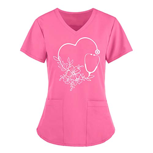 Kasaks Altenpflege Arbeitskittel Damen Krankenhaus Schlupfhemd Bluse Kurzarm V-Neck Mischgewebe Kasack Damen Pflege mit Liebe Motiv Bunt Arzt Uniform Berufsbekleidung Krankenschwester Kleidung von WENZHOU