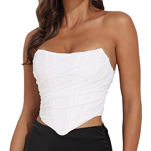 WENZHOU Damen Kurze Crop Top Schulterfreies Trägerloses Wrap Chest Slim Fit Cordless Drop Shoulder Bustier Damen Spitzen Korsett Corset Oberteil Corsage Top Slim Fit Korsage Corsett Harness, Weiß, M von WENZHOU