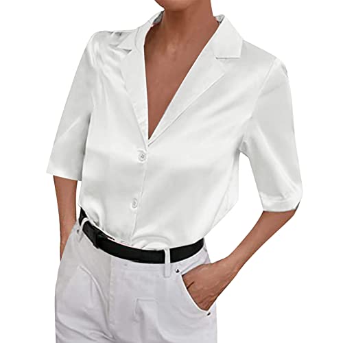 WENZHOU Kurzarm Satinhemd für Damen Elegante Frauen Satin Bluse Kurzarm V-Neck Hemdbluse Button Down Shirts Einfarbig Business Formelle Freizeit Oberteil Blusen Top für Damen von WENZHOU