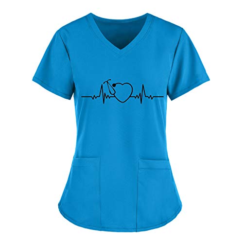 WENZHOU Muttertag Uniformen Nurse mit Herz Motiv Kurzarm Kasack Damen Pflege Krankenschwester Kleidung Pflegebekleidung Tunika Schlupfjacke Bunte kasacks Lady-Fit T-Shirt Laborkittel von WENZHOU