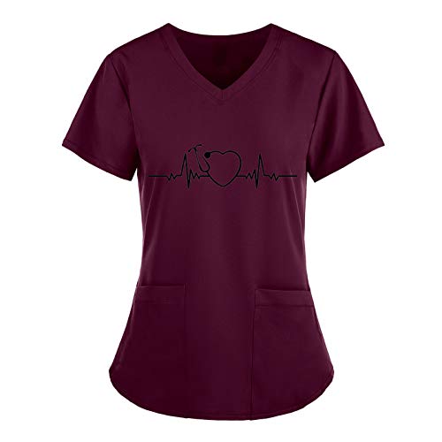 WENZHOU Muttertag Uniformen Nurse mit Herz Motiv Kurzarm Kasack Damen Pflege Krankenschwester Kleidung Pflegebekleidung Tunika Schlupfjacke Bunte kasacks Lady-Fit T-Shirt Laborkittel von WENZHOU