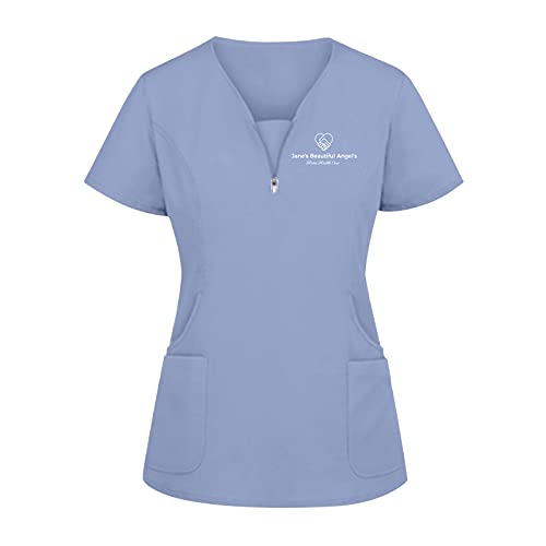 WENZHOU Schlupfkasack Kasack für Damen Krankenpflege Kurzarm V-Ausschnitt T-Shirts Brief Drucken Bluse Pflege Berufskleidung Nurse Schlupfhemd Uniform mit Reißverschluss Bluse Sky Blue von WENZHOU