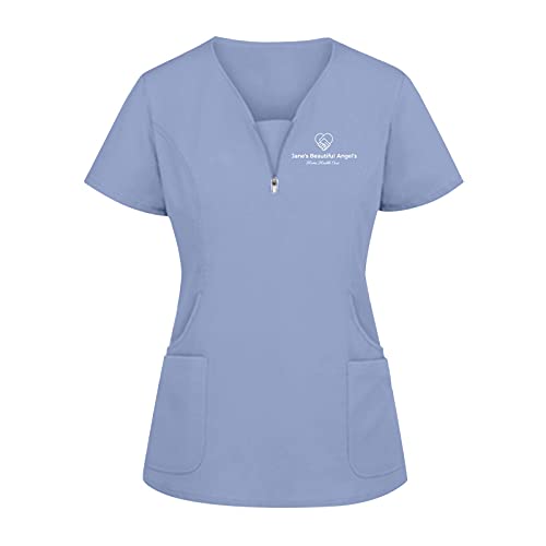 WENZHOU Schlupfkasack Kasack für Damen Krankenpflege Kurzarm V-Ausschnitt T-Shirts Brief Drucken Bluse Pflege Berufskleidung Nurse Schlupfhemd Uniform mit Reißverschluss Bluse von WENZHOU