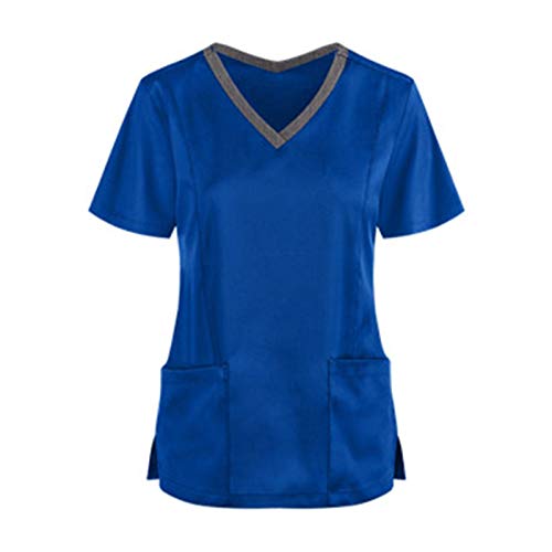 WNZHOU Uniform Kasacks Damen Pflege Damen Stilvoll Einfarbig Bluse Schlupfkasack V Neck T-Shirt mitSolid Patchwork Farbe Tasche Bluse Kurzarm Berufskleidung Kittel Damen Berufskleidung von WENZHOU