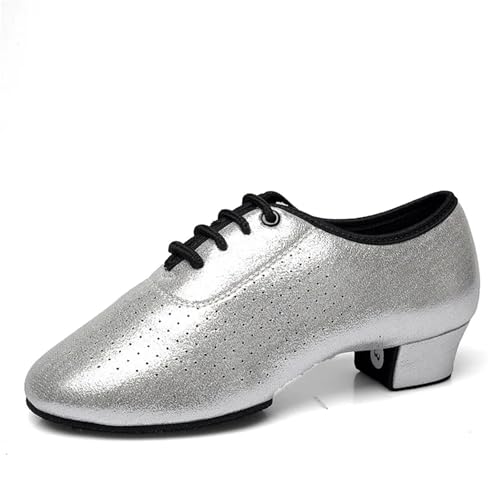 Herren Latein Tanzschuhe Latin Dance Schuhe Männer Damen Moderne Tango Salsa Leder Ballsaal Quadratische Fersen(Silver,34) von WEOKDFHA