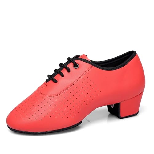 Herren Latein Tanzschuhe Latin Dance Schuhe Männer Damen Moderne Tango Salsa Leder Ballsaal Quadratische Fersen(Watermelon red,38) von WEOKDFHA