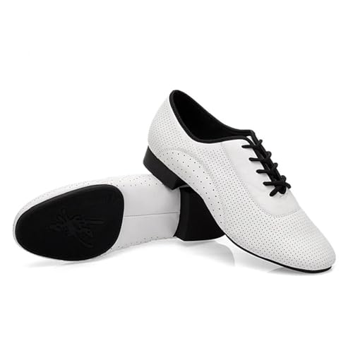 Herren Latein Tanzschuhe Männer Salsa Tango Moderne Leder Quadratische Absätze Erwachsene Party Latin Dance Weiß Niedrigen Absatz Ballsaal Tanzen Schuh Rumba Jazz Schuhe(White Rubber Outdoor,45) von WEOKDFHA