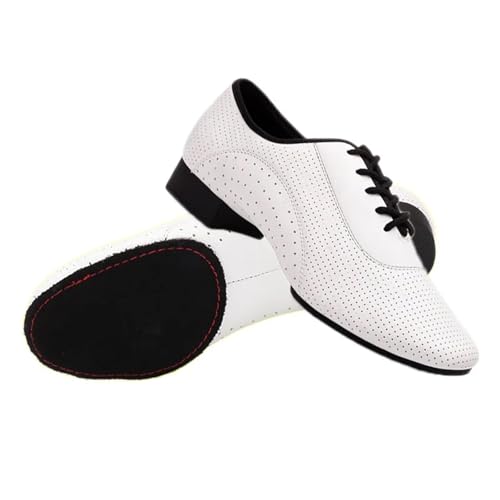 Herren Latein Tanzschuhe Männer Salsa Tango Moderne Leder Quadratische Absätze Erwachsene Party Latin Dance Weiß Niedrigen Absatz Ballsaal Tanzen Schuh Rumba Jazz Schuhe(White Suede Indoor,45) von WEOKDFHA