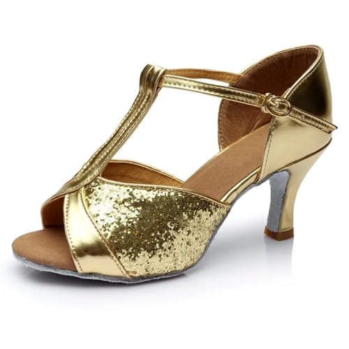 Latein-Tanzschuhe Für Damen Ballroom Dance Schuhe Frauen Latin Tango Weiche Sohle Moderne Jazz Mädchen(Gold Sequins 7CM,38) von WEOKDFHA
