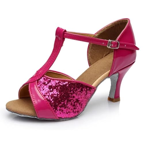 Latein-Tanzschuhe Für Damen Ballroom Dance Schuhe Frauen Latin Tango Weiche Sohle Moderne Jazz Mädchen(Rose Red Sequins 7CM,34) von WEOKDFHA