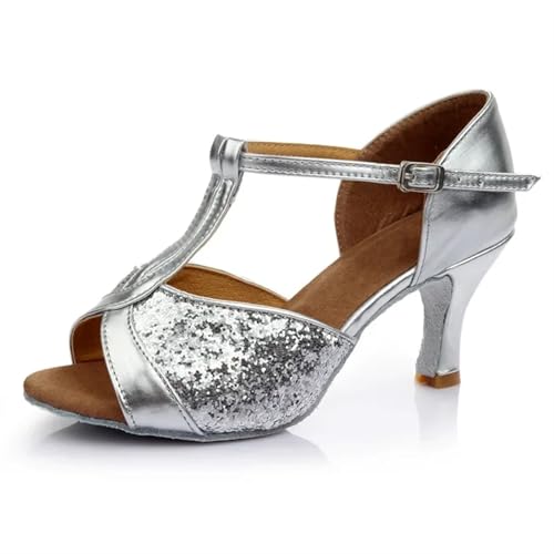 Latein-Tanzschuhe Für Damen Ballroom Dance Schuhe Frauen Latin Tango Weiche Sohle Moderne Jazz Mädchen(Silver Paillette 7CM,39) von WEOKDFHA