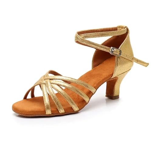 Latein-Tanzschuhe Für Damen Ferse 7 cm/5 cm Satin Ohne Knoten Salsa Tango Ballsaal Latin Dance Schuhe Frau Zapatos De Baile Latino Mujer(Heel 5cm Gold,38) von WEOKDFHA