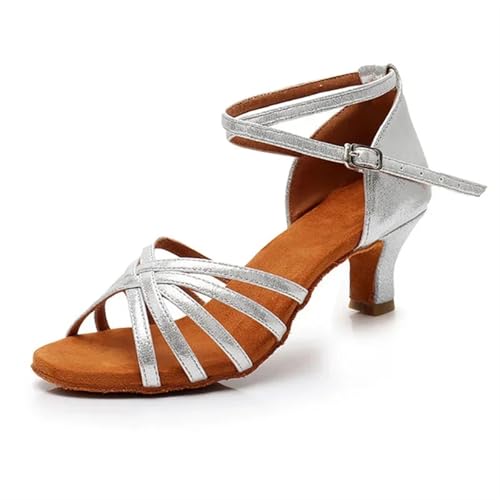Latein-Tanzschuhe Für Damen Ferse 7 cm/5 cm Satin Ohne Knoten Salsa Tango Ballsaal Latin Dance Schuhe Frau Zapatos De Baile Latino Mujer(Heel 5cm Silver,38) von WEOKDFHA