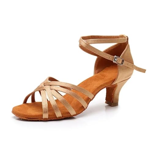 Latein-Tanzschuhe Für Damen Ferse 7 cm/5 cm Satin Ohne Knoten Salsa Tango Ballsaal Latin Dance Schuhe Frau Zapatos De Baile Latino Mujer(Heel 5cm beige,41) von WEOKDFHA