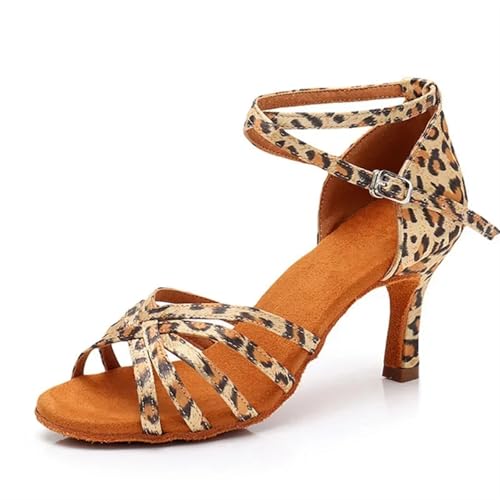Latein-Tanzschuhe Für Damen Ferse 7 cm/5 cm Satin Ohne Knoten Salsa Tango Ballsaal Latin Dance Schuhe Frau Zapatos De Baile Latino Mujer(Heel 7cm Leopard,34) von WEOKDFHA