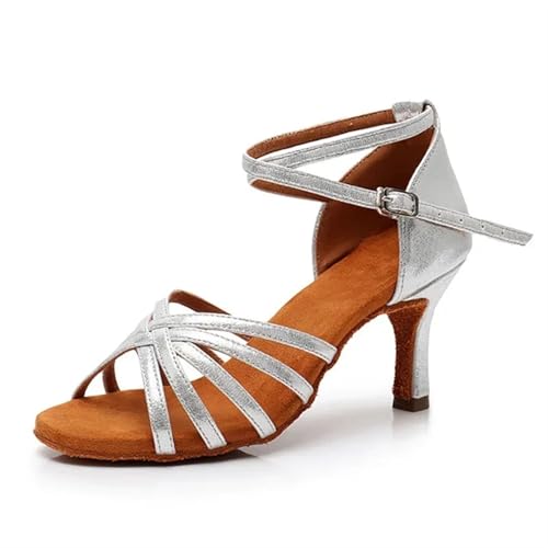 Latein-Tanzschuhe Für Damen Ferse 7 cm/5 cm Satin Ohne Knoten Salsa Tango Ballsaal Latin Dance Schuhe Frau Zapatos De Baile Latino Mujer(Heel 7cm Silver,36) von WEOKDFHA