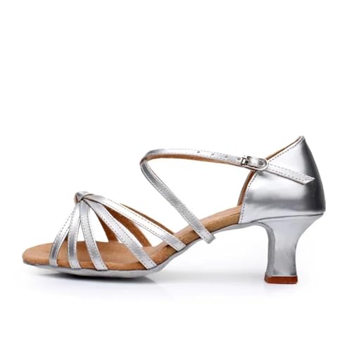 Latein-Tanzschuhe Für Damen Frauen Latin Dance Schuhe Ballsaal Tango Tanzen for Damen Mädchen Satin 5/7 cm absätzen Party Tanz Sandalen(5cm Silver,39) von WEOKDFHA