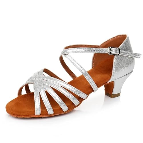 Latein-Tanzschuhe Für Damen Frauen Latin Dance Schuhe Weiche Sohle Mädchen Jazz Praxis Sandalen Mittleren Absatz 3,5 cm Ballroom(4cm Silver,35) von WEOKDFHA