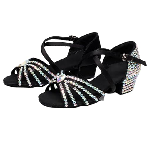 Latein-Tanzschuhe Für Damen Frauen Sommer Wasser Diamant Latin Schuhe Weibliche Satin Künstliche 3,5 cm Heels Jazz Walzer Moderne Ballroom Dance(Black,34) von WEOKDFHA