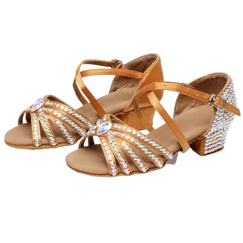 Latein-Tanzschuhe Für Damen Frauen Sommer Wasser Diamant Latin Schuhe Weibliche Satin Künstliche 3,5 cm Heels Jazz Walzer Moderne Ballroom Dance(Brown,38) von WEOKDFHA