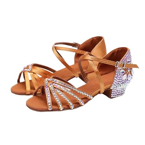 Latein-Tanzschuhe Für Damen Frauen Sommer Wasser Diamant Latin Schuhe Weibliche Satin Künstliche 3,5 cm Heels Jazz Walzer Moderne Ballroom Dance(Brown with Flower,36) von WEOKDFHA