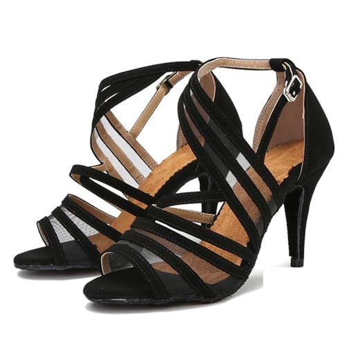 Latein-Tanzschuhe Für Damen Latin Dance Schuhe Weibliche Erwachsene Sommer Sandalen Mesh Atmungsaktive(Black Heel 7.5cm,34) von WEOKDFHA