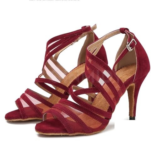 Latein-Tanzschuhe Für Damen Latin Dance Schuhe Weibliche Erwachsene Sommer Sandalen Mesh Atmungsaktive(Red Heel 6cm,38) von WEOKDFHA