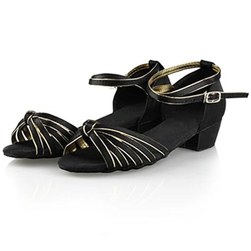Latein-Tanzschuhe Für Damen Mädchen-Damen-Latin-Schuhe, niedriger Absatz, Latino-Salsa, Moderne Ballsaal-Schuhe(Black with Gold,38) von WEOKDFHA