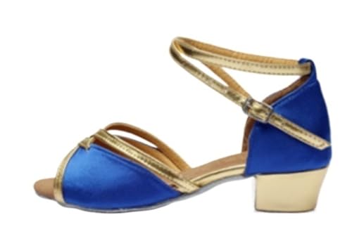 Latein-Tanzschuhe Für Damen Mädchen Prinzessin Schuhe Pailletten Latein Tanzschuhe Peep-Toe Sandalen Pumps mit Absatz Perle Kristall Bling Kinder Schule/Team(Blue,40) von WEOKDFHA