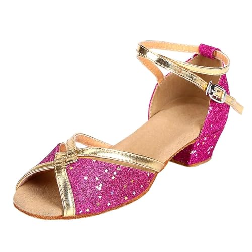 Latein-Tanzschuhe Für Damen Mädchen Prinzessin Schuhe Pailletten Latein Tanzschuhe Peep-Toe Sandalen Pumps mit Absatz Perle Kristall Bling Kinder Schule/Team(Lavender,37) von WEOKDFHA