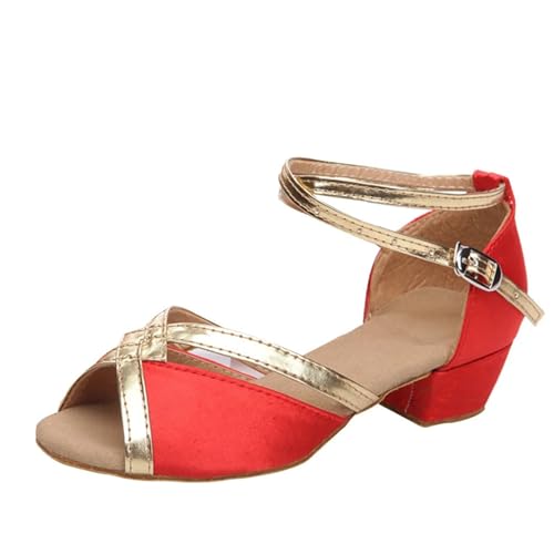 Latein-Tanzschuhe Für Damen Mädchen Prinzessin Schuhe Pailletten Latein Tanzschuhe Peep-Toe Sandalen Pumps mit Absatz Perle Kristall Bling Kinder Schule/Team(Red,24) von WEOKDFHA