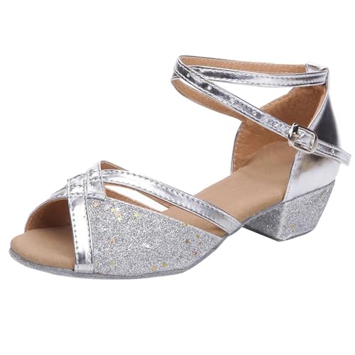 Latein-Tanzschuhe Für Damen Mädchen Prinzessin Schuhe Pailletten Latein Tanzschuhe Peep-Toe Sandalen Pumps mit Absatz Perle Kristall Bling Kinder Schule/Team(Silver,34) von WEOKDFHA