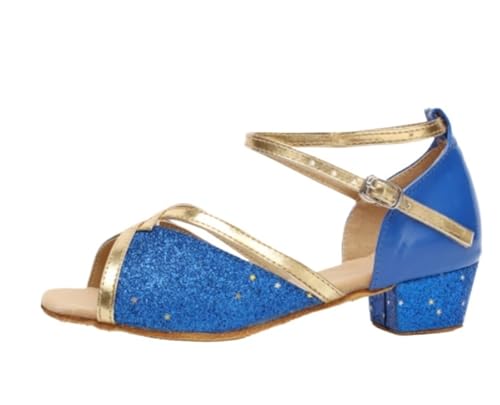 Latein-Tanzschuhe Für Damen Mädchen Prinzessin Schuhe Pailletten Latein Tanzschuhe Peep-Toe Sandalen Pumps mit Absatz Perle Kristall Bling Kinder Schule/Team(Sky Blue,40) von WEOKDFHA