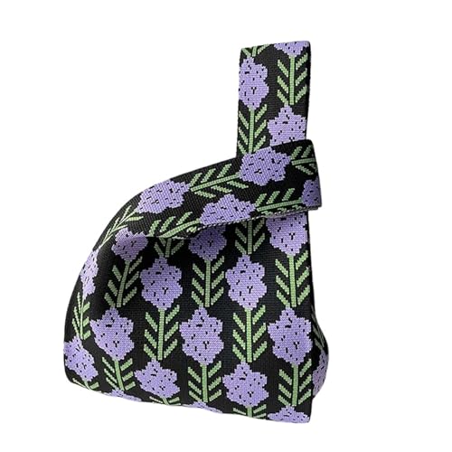 WEOKDFHA Knoten-Handgelenktasche Handgefertigte Strickhandtaschen for Damen, Knoten-Handgelenktasche, lässige kleine Tragetasche for Mädchen, wiederverwendbare Einkaufstaschen(Black-B) von WEOKDFHA