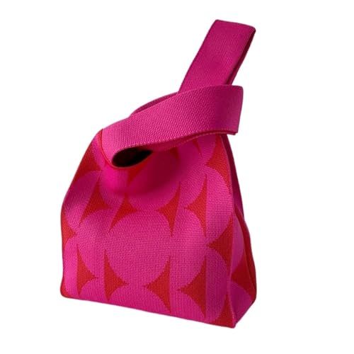 WEOKDFHA Knoten-Handgelenktasche Handgemachte Strickhandtasche Damen Knoten Handgelenktasche Lässige Tragetasche Mädchen Wiederverwendbare Einkaufstaschen Strickhandtasche(Rose red) von WEOKDFHA