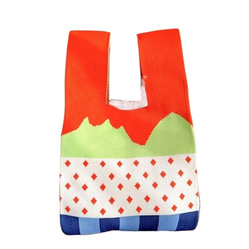 WEOKDFHA Knoten-Handgelenktasche Mode handgemachte gestrickte Handtasche lässige Farbe Plaid Einkaufstasche wiederverwendbare Einkaufstaschen Frauen Mini Knoten Handgelenk Tasche(Cloor-04) von WEOKDFHA